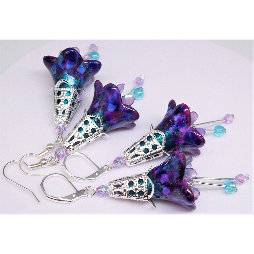 Boho Flower Earrings Dangle, Fairy core, Hand Painted, Floral Jewelry